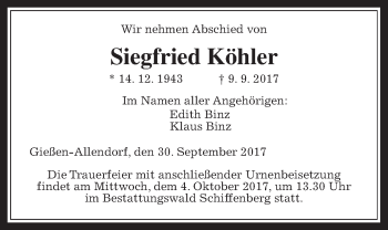 Traueranzeige von Siegfried Köhler von Giessener Allgemeine, Alsfelder Allgemeine