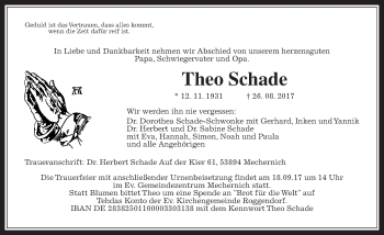 Traueranzeige von Theo Schade von Wetterauer Zeitung, Wetterauer Zeitung