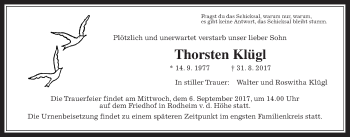 Traueranzeige von Thorsten Klügl von Wetterauer Zeitung, Wetterauer Zeitung