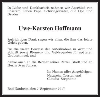Traueranzeige von Uwe-Karsten Hoffmann von Wetterauer Zeitung, Wetterauer Zeitung