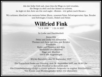 Traueranzeige von Wilfried Fink von Giessener Allgemeine, Alsfelder Allgemeine