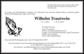 Traueranzeige von Wilhelm Trautwein von Alsfelder Allgemeine