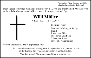 Traueranzeige von Willi Müller von Giessener Allgemeine, Alsfelder Allgemeine