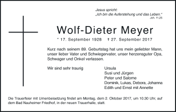 Traueranzeige von Wolf-Dieter Meyer von Wetterauer Zeitung, Wetterauer Zeitung