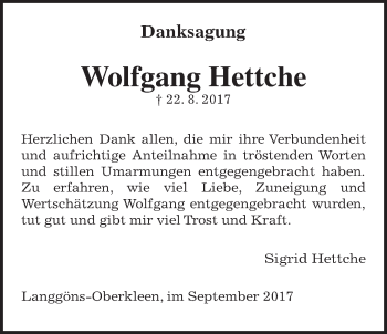 Traueranzeige von Wolfgang Hettche von Giessener Allgemeine, Alsfelder Allgemeine