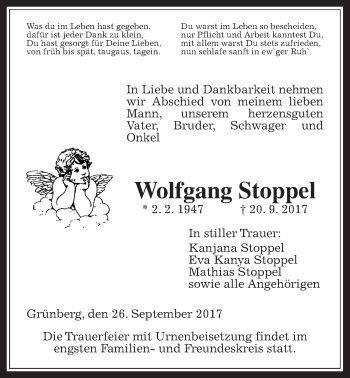 Traueranzeige von Wolfgang Stoppel von Giessener Allgemeine, Alsfelder Allgemeine