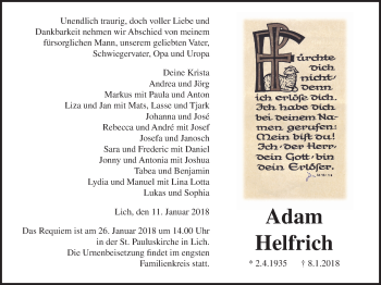 Traueranzeige von Adam Helfrich von Licher Wochenblatt, Licher Wochenblatt, Licher Wochenblatt