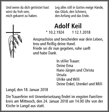 Traueranzeige von Adolf Keil von Licher Wochenblatt, Licher Wochenblatt, Licher Wochenblatt
