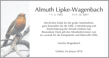 Traueranzeige von Almuth Lipke-Wagenbach von Giessener Allgemeine, Alsfelder Allgemeine