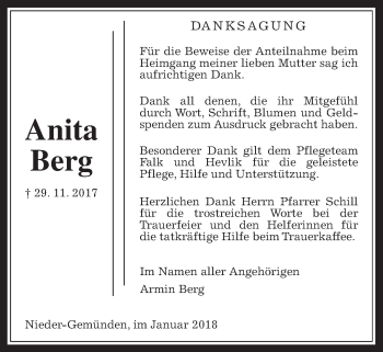 Traueranzeige von Anita Berg von Alsfelder Allgemeine