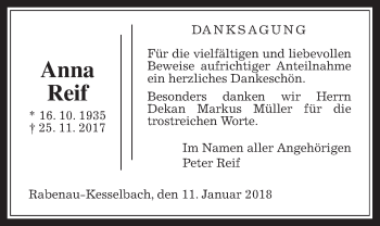 Traueranzeige von Anna Reif von Rabenauer Zeitung