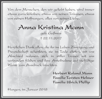 Traueranzeige von Anna Kristina Mann von Licher Wochenblatt, Licher Wochenblatt, Licher Wochenblatt