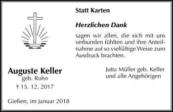 Traueranzeige von Auguste Keller von Giessener Allgemeine, Alsfelder Allgemeine