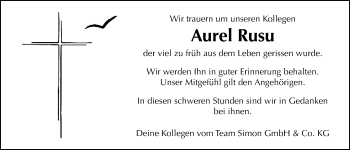Traueranzeige von Aurel Rusu von Giessener Allgemeine, Alsfelder Allgemeine