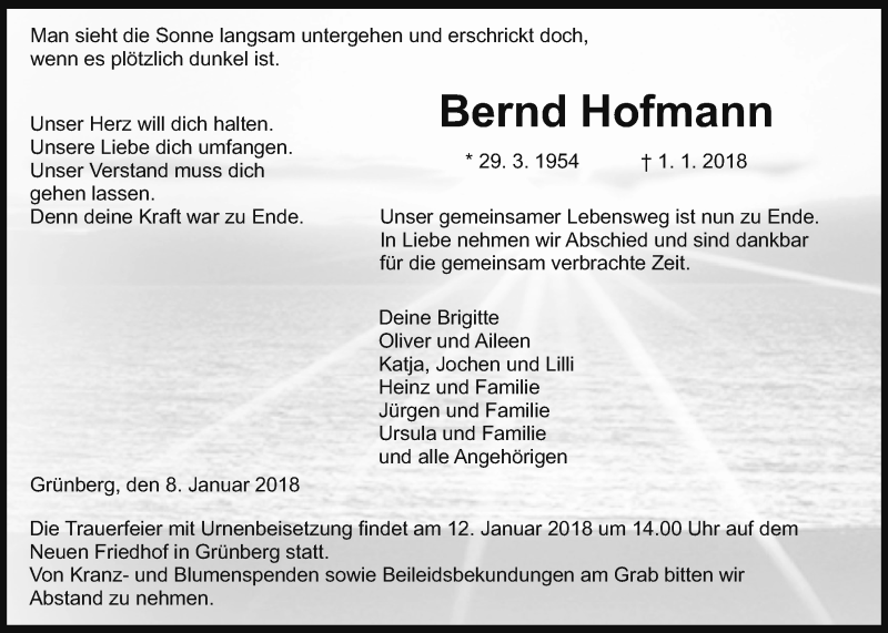  Traueranzeige für Bernd Hofmann vom 08.01.2018 aus Giessener Allgemeine, Alsfelder Allgemeine