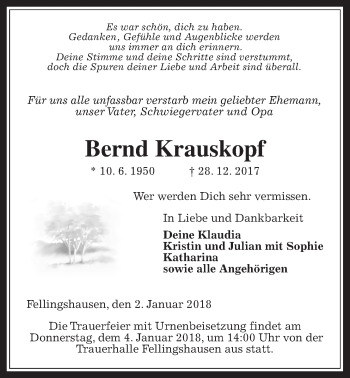Traueranzeige von Bernd Krauskopf von Giessener Allgemeine, Alsfelder Allgemeine