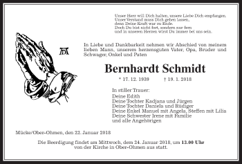 Traueranzeige von Bernhardt Schmidt von Alsfelder Allgemeine, Giessener Allgemeine, Alsfelder Allgemeine
