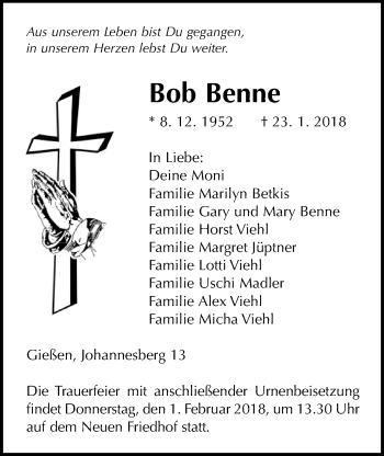 Traueranzeige von Bob Benne von Giessener Allgemeine, Alsfelder Allgemeine