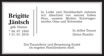 Traueranzeige von Brigitte Jäntsch von Wetterauer Zeitung, Wetterauer Zeitung