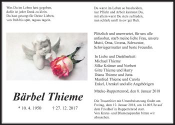 Traueranzeige von Bärbel Thieme von Alsfelder Allgemeine