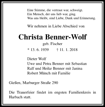 Traueranzeige von Christa Benner-Wolf von Giessener Allgemeine, Alsfelder Allgemeine