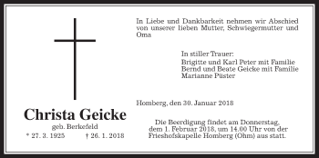 Traueranzeige von Christa Geicke von Alsfelder Allgemeine