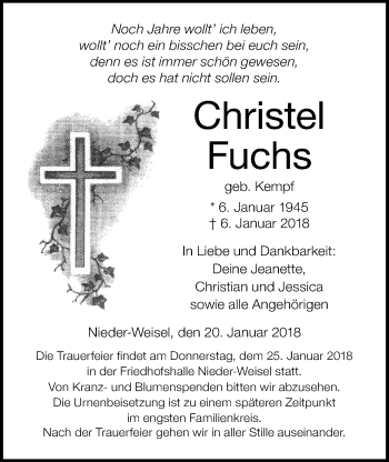 Traueranzeige von Christel Fuchs von Wetterauer Zeitung, Wetterauer Zeitung