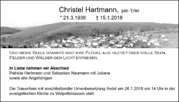 Traueranzeige von Christel Hartmann von Giessener Allgemeine, Alsfelder Allgemeine