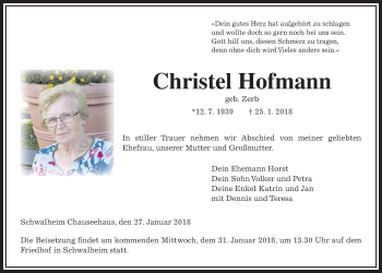 Traueranzeige von Christel Hofmann von Wetterauer Zeitung, Wetterauer Zeitung