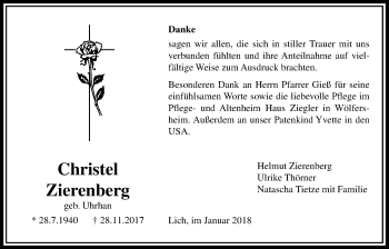 Traueranzeige von Christel Zierenberg von Licher Wochenblatt, Licher Wochenblatt, Licher Wochenblatt