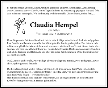 Traueranzeige von Claudia Hempel von Wetterauer Zeitung, Wetterauer Zeitung