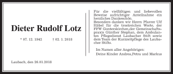 Traueranzeige von Dieter Rudolf Lotz von Giessener Allgemeine, Alsfelder Allgemeine