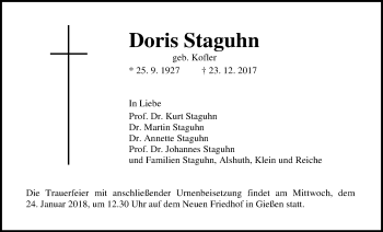 Traueranzeige von Doris Staguhn von Giessener Allgemeine, Alsfelder Allgemeine