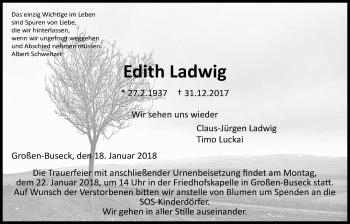 Traueranzeige von Edith Ladwig von Giessener Allgemeine, Alsfelder Allgemeine