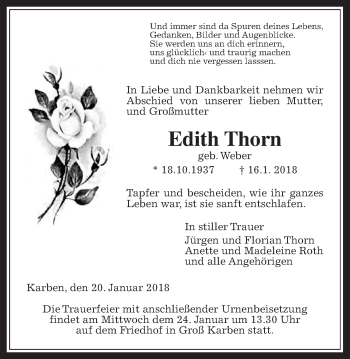 Traueranzeige von Edith Thorn von Wetterauer Zeitung, Wetterauer Zeitung