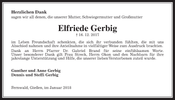 Traueranzeige von Elfriede Gerbig von Giessener Allgemeine, Alsfelder Allgemeine