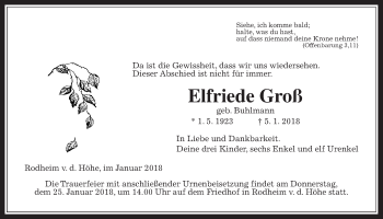 Traueranzeige von Elfriede Groß von Wetterauer Zeitung, Wetterauer Zeitung