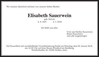 Traueranzeige von Elisabeth Sauerwein von Giessener Allgemeine, Alsfelder Allgemeine