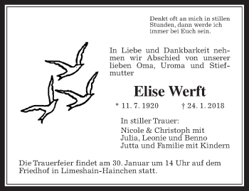 Traueranzeige von Elise Werft von Wetterauer Zeitung, Wetterauer Zeitung