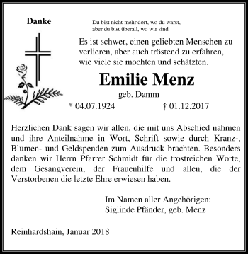 Traueranzeige von Emilie Menz von Giessener Allgemeine, Alsfelder Allgemeine