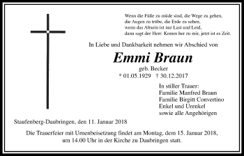 Traueranzeige von Emmi Braun von Giessener Allgemeine, Alsfelder Allgemeine