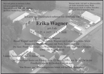 Traueranzeige von Erika Wagner von Giessener Allgemeine, Alsfelder Allgemeine
