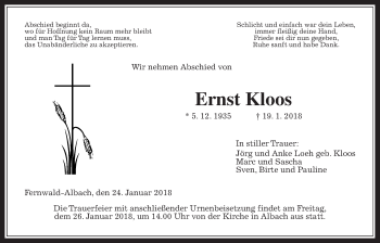 Traueranzeige von Ernst Kloos von Giessener Allgemeine, Alsfelder Allgemeine