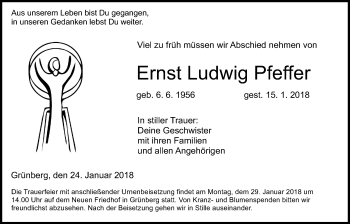 Traueranzeige von Ernst Ludwig Pfeffer von Giessener Allgemeine, Alsfelder Allgemeine