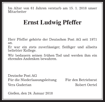 Traueranzeige von Ernst Ludwig Pfeffer von Giessener Allgemeine, Alsfelder Allgemeine