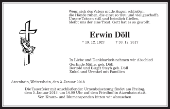 Traueranzeige von Erwin Döll von Giessener Allgemeine, Alsfelder Allgemeine