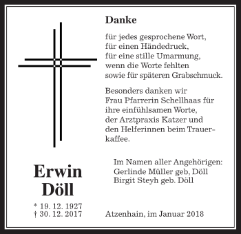 Traueranzeige von Erwin Döll von Giessener Allgemeine, Alsfelder Allgemeine