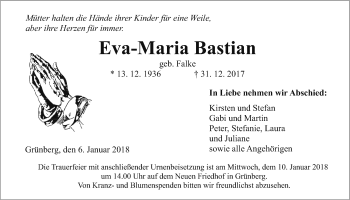Traueranzeige von Eva-Maria Bastian von Giessener Allgemeine, Alsfelder Allgemeine