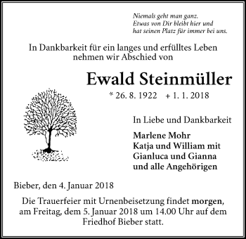 Traueranzeige von Ewald Steinmüller von Giessener Allgemeine, Alsfelder Allgemeine