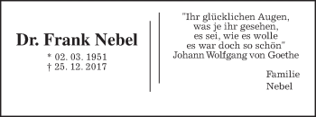 Traueranzeige von Frank Nebel von Wetterauer Zeitung, Wetterauer Zeitung